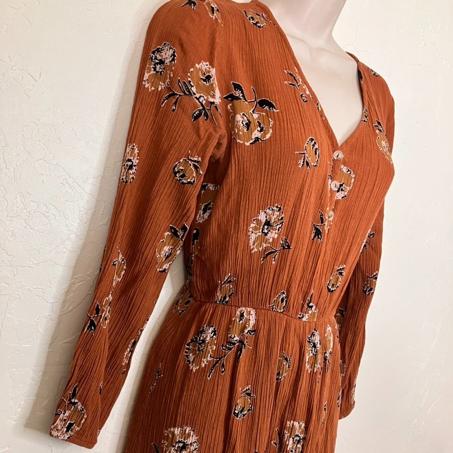 French Grey Stitchfix Brown Floral Cottagecore Midi Dress Crinkle Size Small