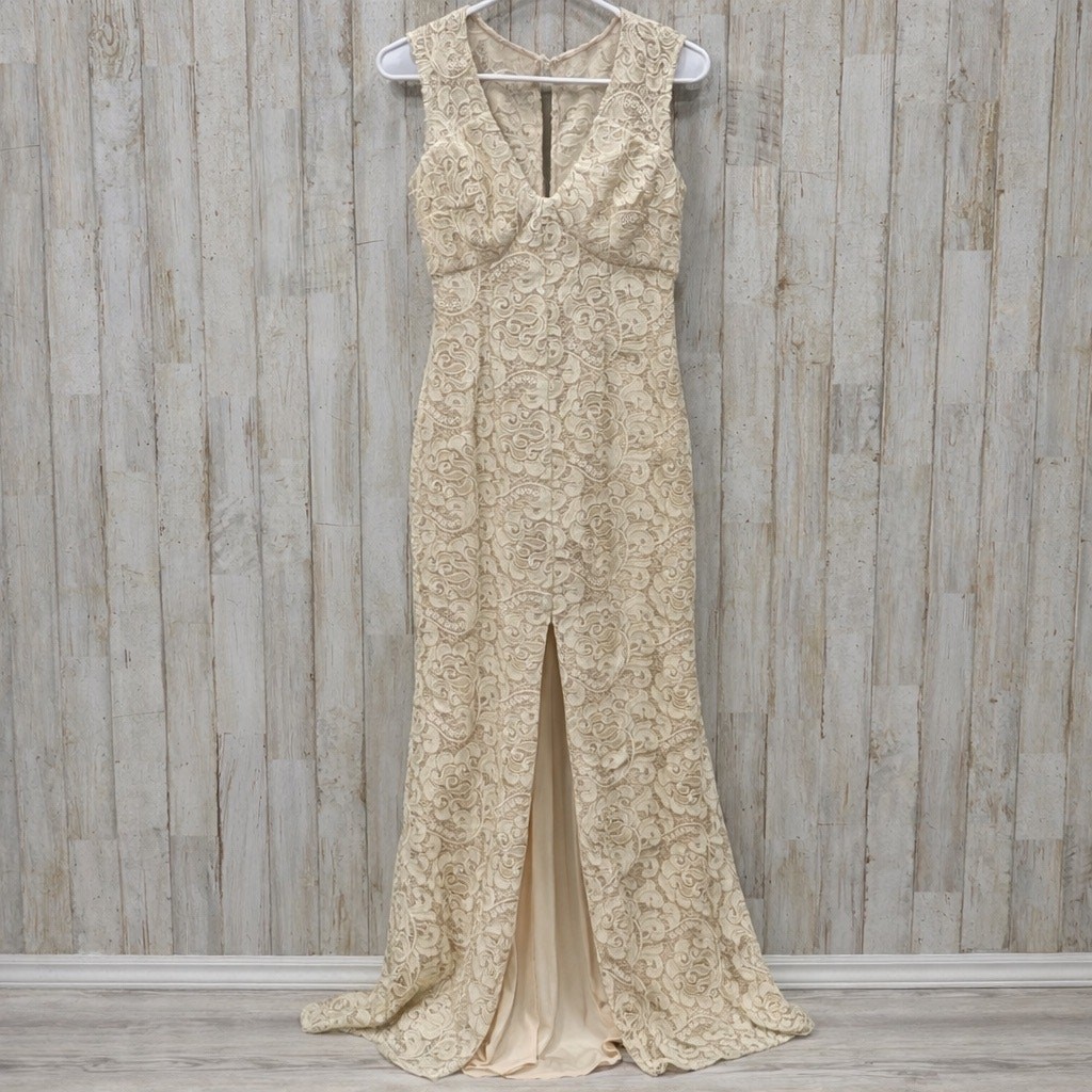 Aidan Mattox Champagne V Neck Lace Mid Slit Dress Maxi Formal Wedding Guest 4