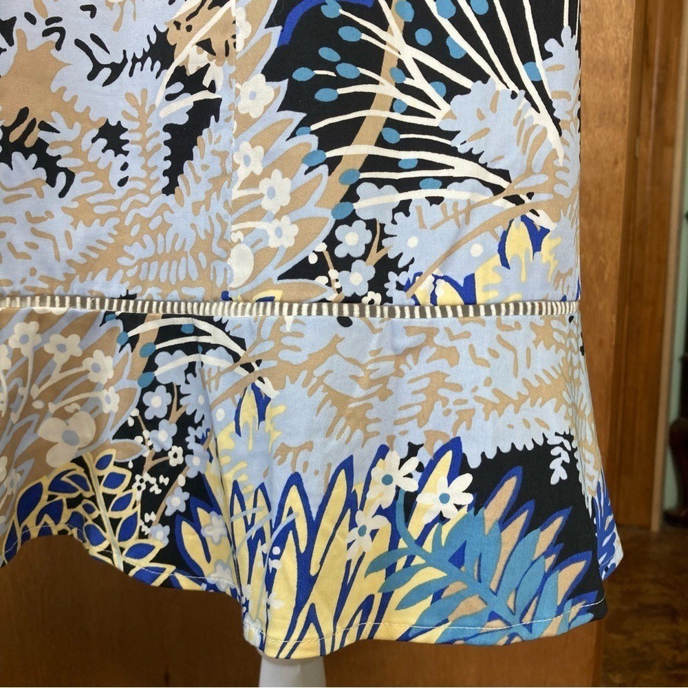 Talbots Botanical Garden Cotton Shift Dress Tan Blue Flounce Hem (Size 16P)