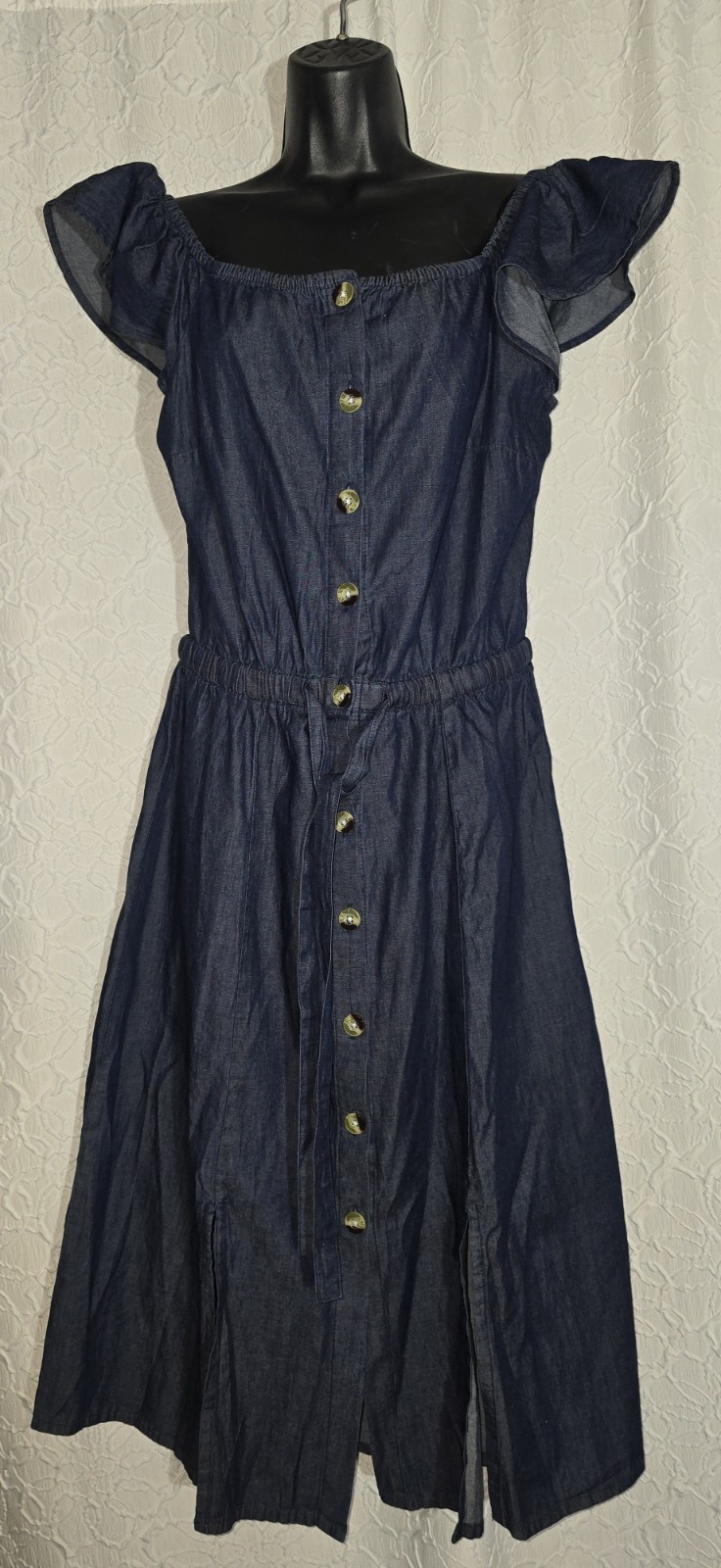 Millennium Denim Elastic Waist Button Down Flutter SleeveDress Front Slits Sz M