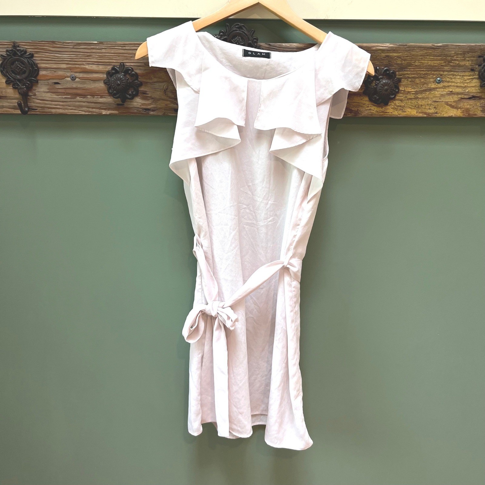 GLAM Womens Pale Pink Silk Ruffle Cap Sleeve Tie Waist Mini Dress Size Medium