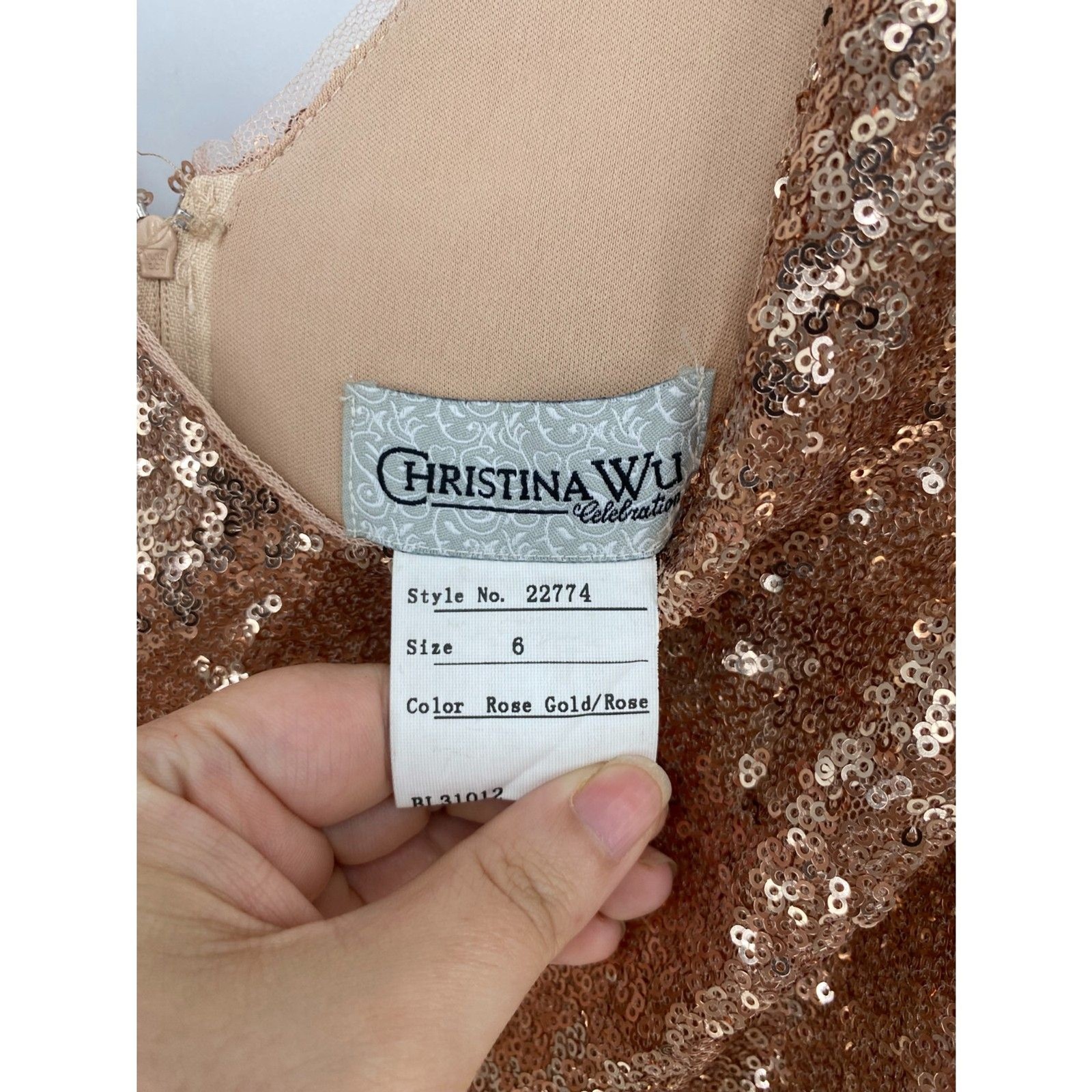 Christina Wu rose gold sequin mini dress bodycon silhouette Cocktail SZ 6