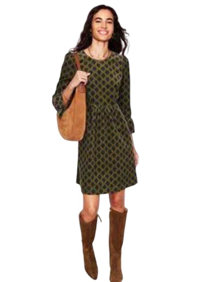 Boden Ora Short Corduroy Dress Womens 16-18R Green Ornate Stamped Ruffled Cuffs