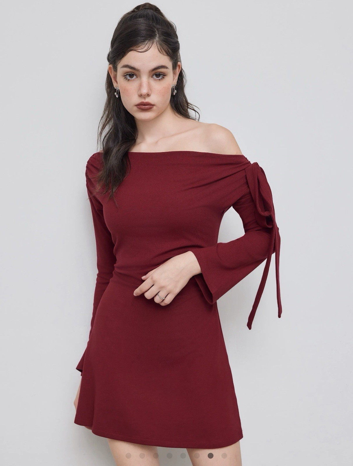 Burgundy Off Shoulder Flared Long Sleeve Mini Dress Bow Accent Knit S
