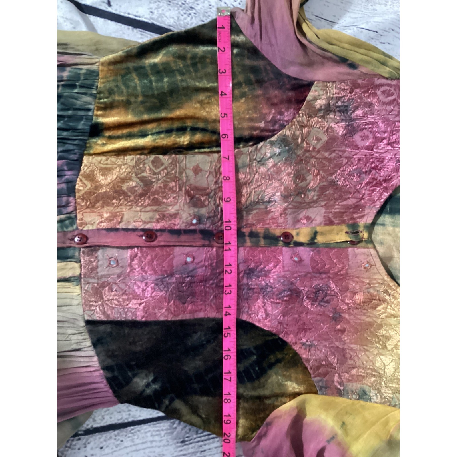 BOOM Tie Dye Embroidered Velvet Boho Mini Dress Mixed Media Button Front Medium