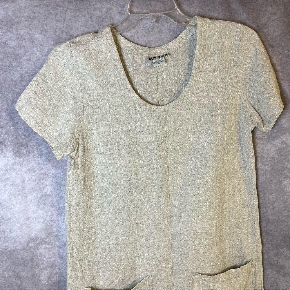 Sunbelt Beige Linen Shift Dress Summery Rustic Minimalist Medium Pockets Classy