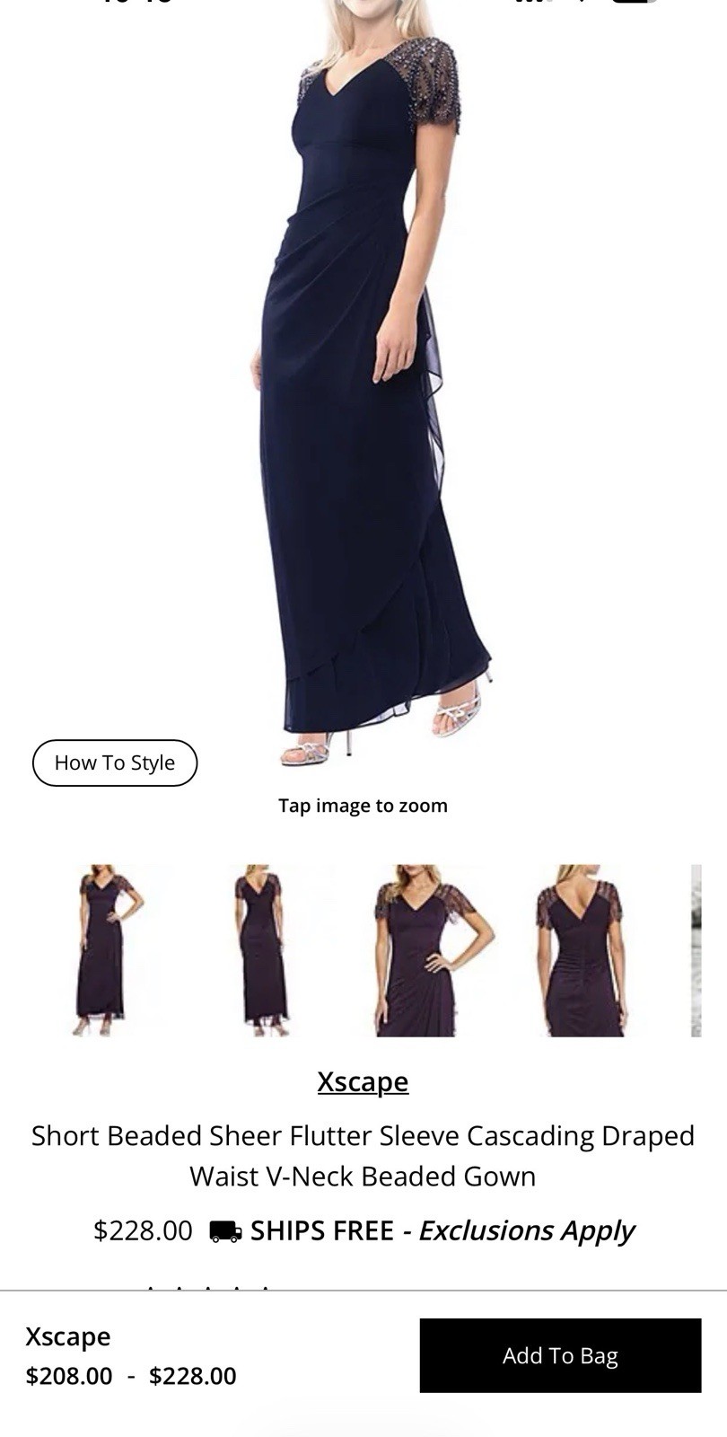 Xscape Navy V-Neck Beaded Draped Chiffon Flutter Sleeve Long Gown Size 14