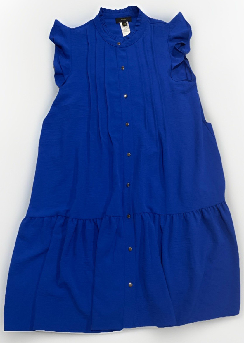 NWT Maia Women’s Cobalt Blue Smock Shift Dress, Slip, Ruffled Neck & Sleeves, 10