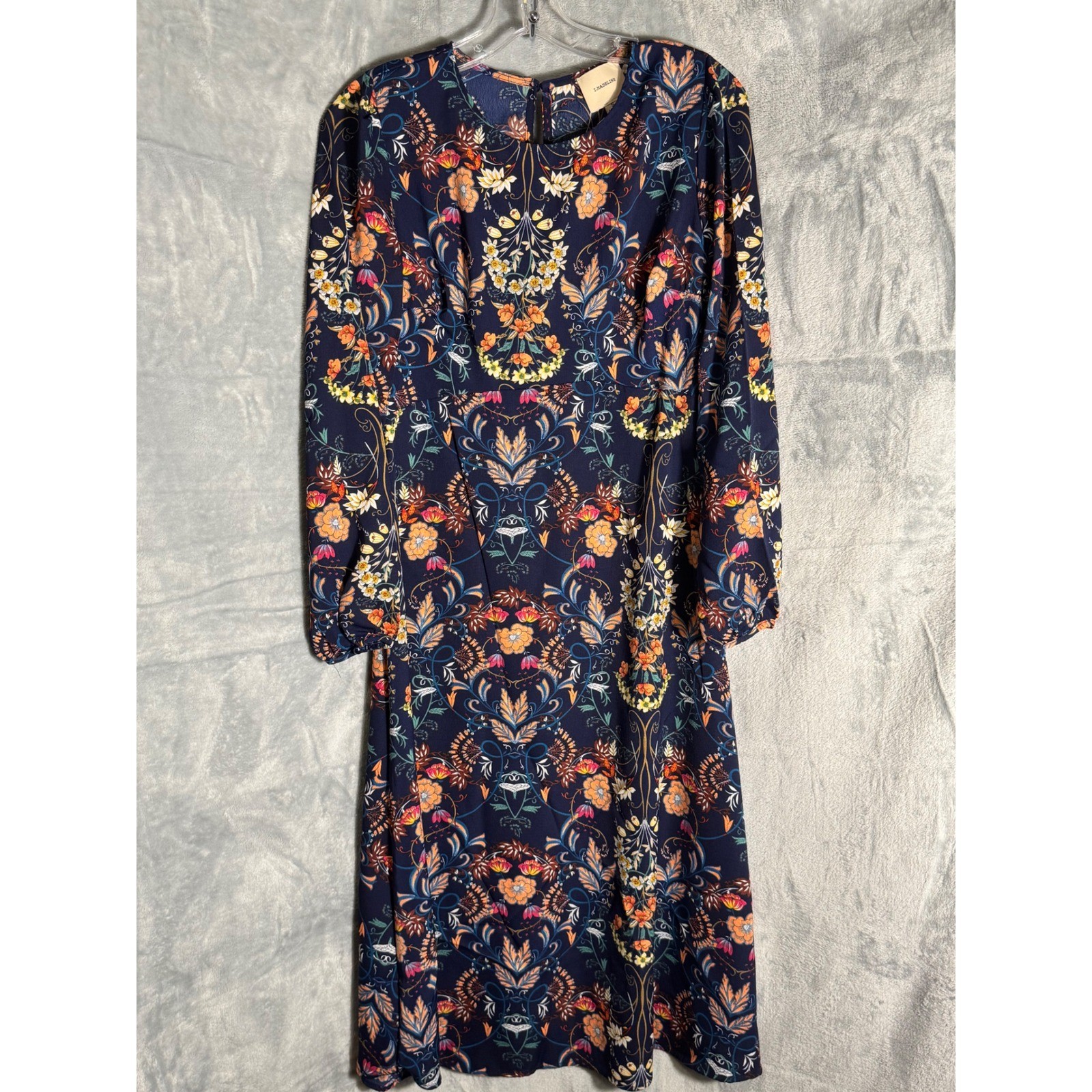 I.Madeline Navy Blue Floral Damask Long Sleeve Midi Dress Small lightweight