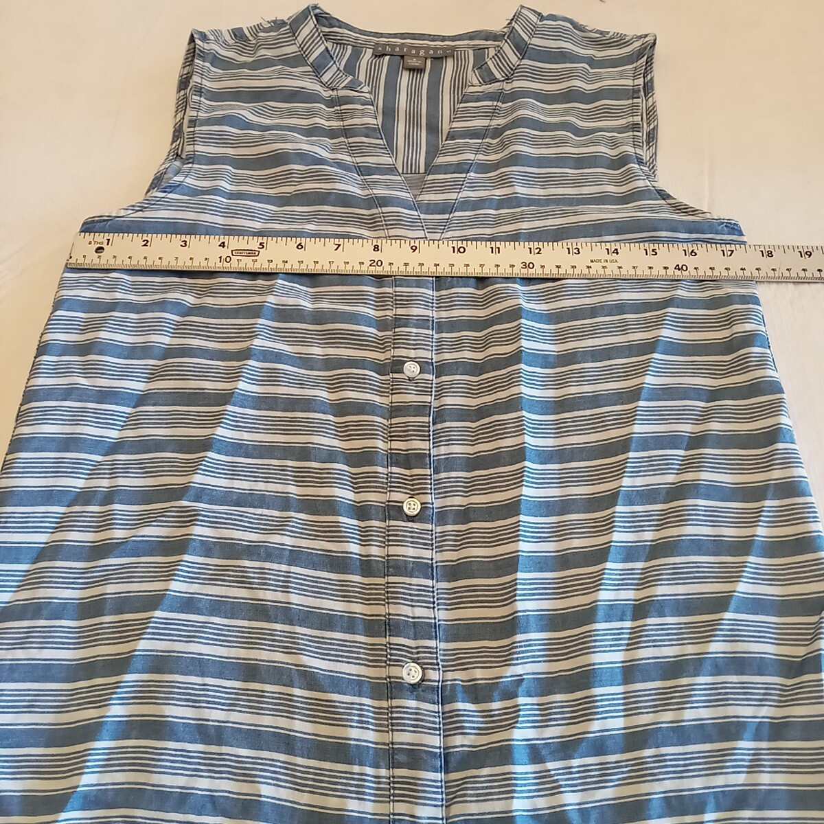 Sharagona Womens sleeveless Button Up shirt dress sz S work Striped Blue White