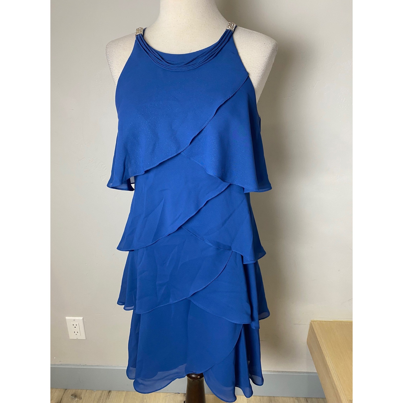 SL Fashions Vintage 90s Royal Blue Tiered Ruffle Glitter Cocktail Dress 8P