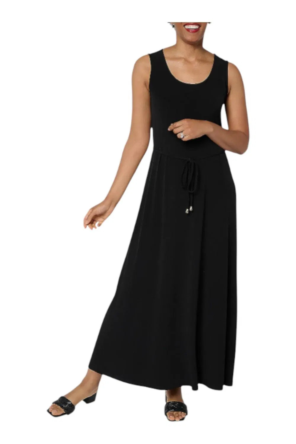 Susan Graver Women’s Liquid Knit Belted Scoop Neck Maxi Dress Blk