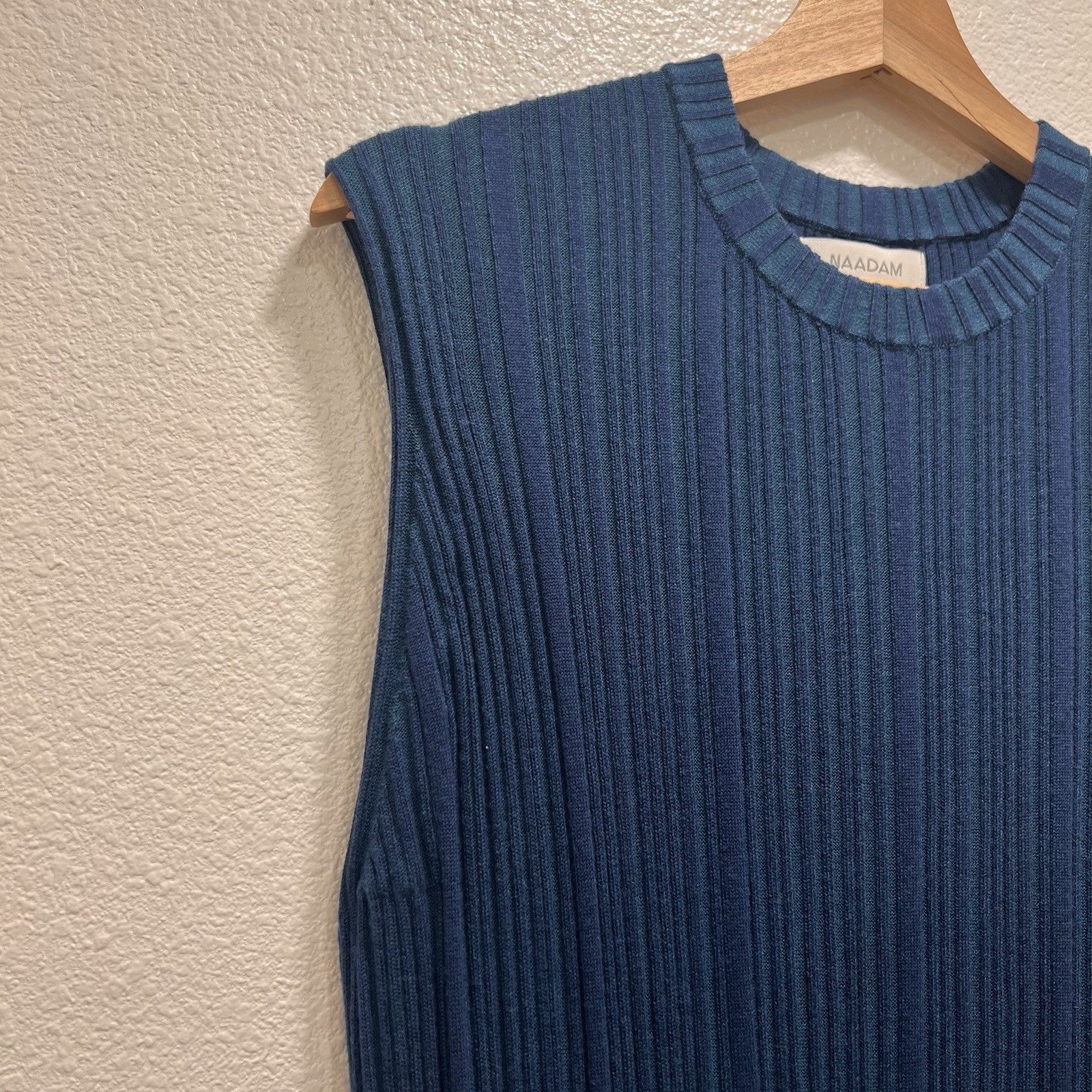 Naadam Blue Combo Ribbed Maxi Dress Cashmere Silk Sleeveless Size L Quiet Luxury