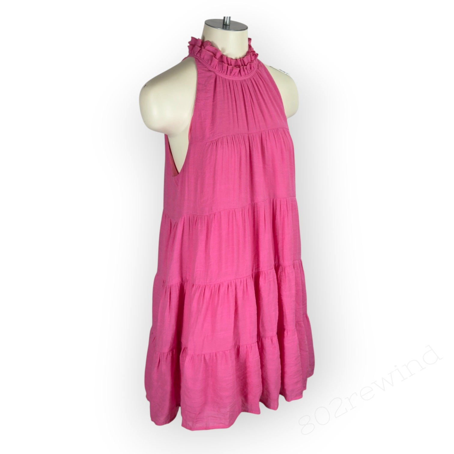 Entro Mini Dress Hot Pink Tiered Halter High-Neck Tie-Back Trapeze Sleeveless Lg