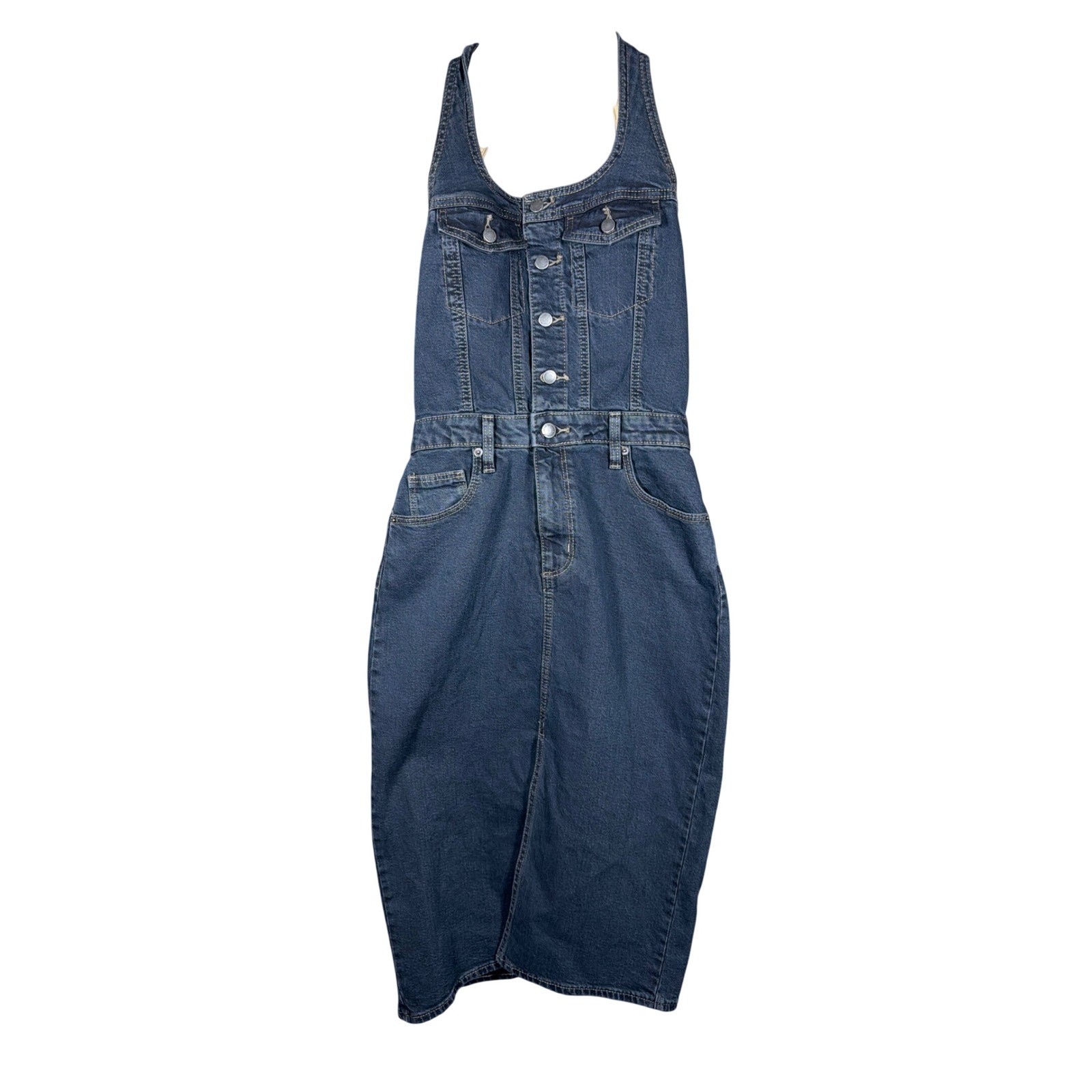 Universal Thread Denim Halter Midi Dress Dark Wash Button Front Womens 2 NEW