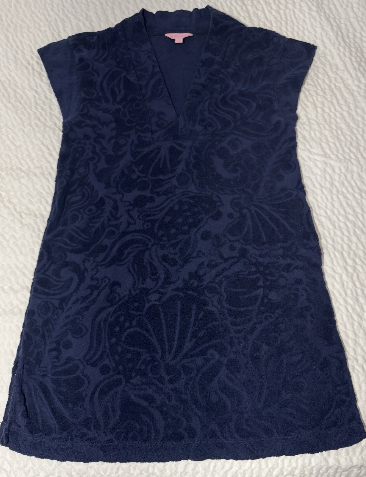 XS Lilly Pulitzer Navy Blue Paisley Terry Cloth Mini Dress Swim Cover Up Cotton
