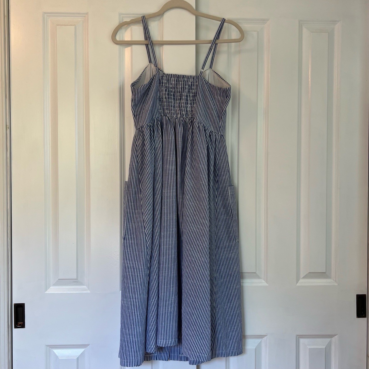 Slide Show Blue White Pinstripe Cottagecore Button Front Midi Dress Size 12