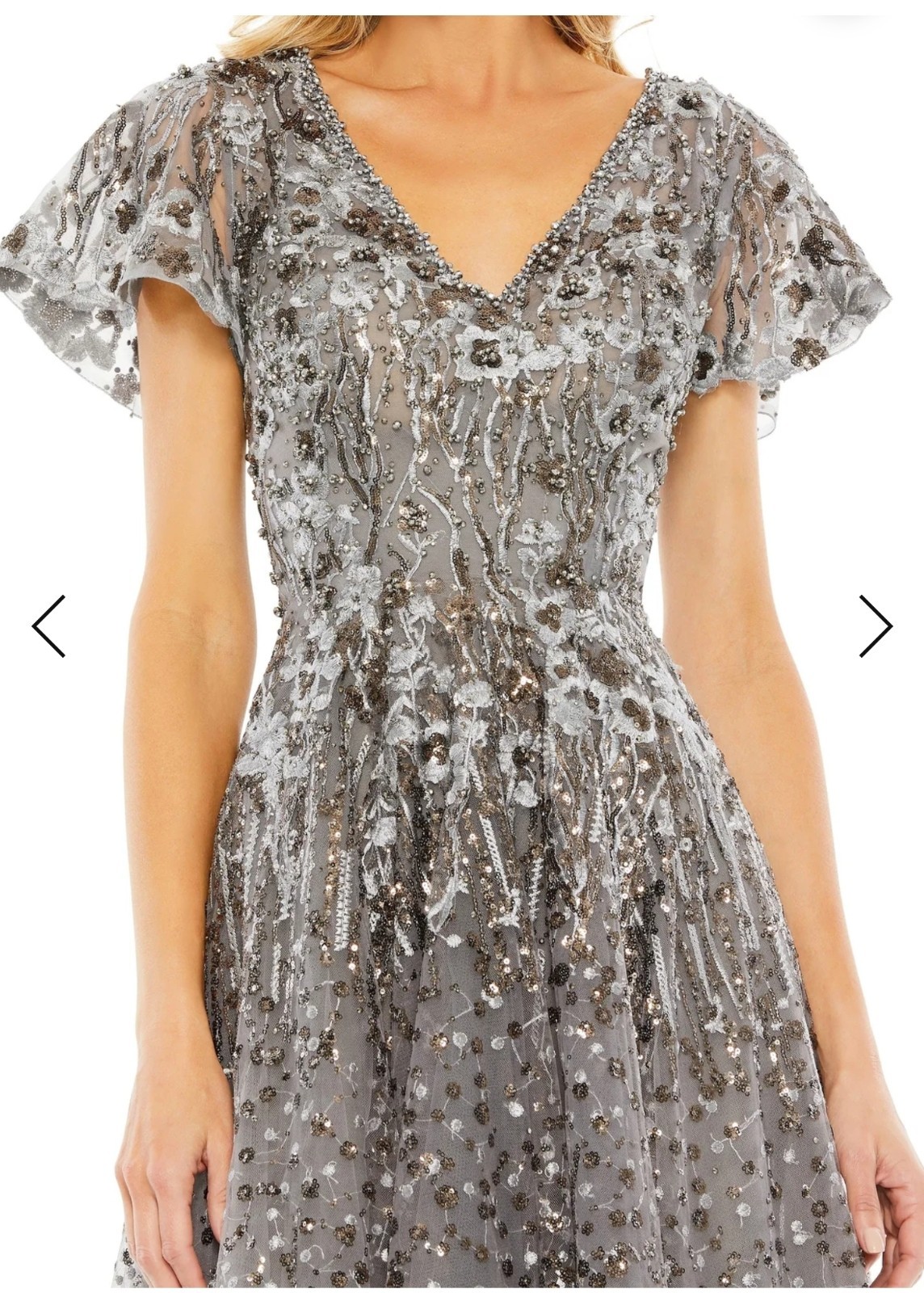 Women’s Gray/Silver Sequin Beaded Mesh V-Neck Flutter Sleeve Midi Dress 10