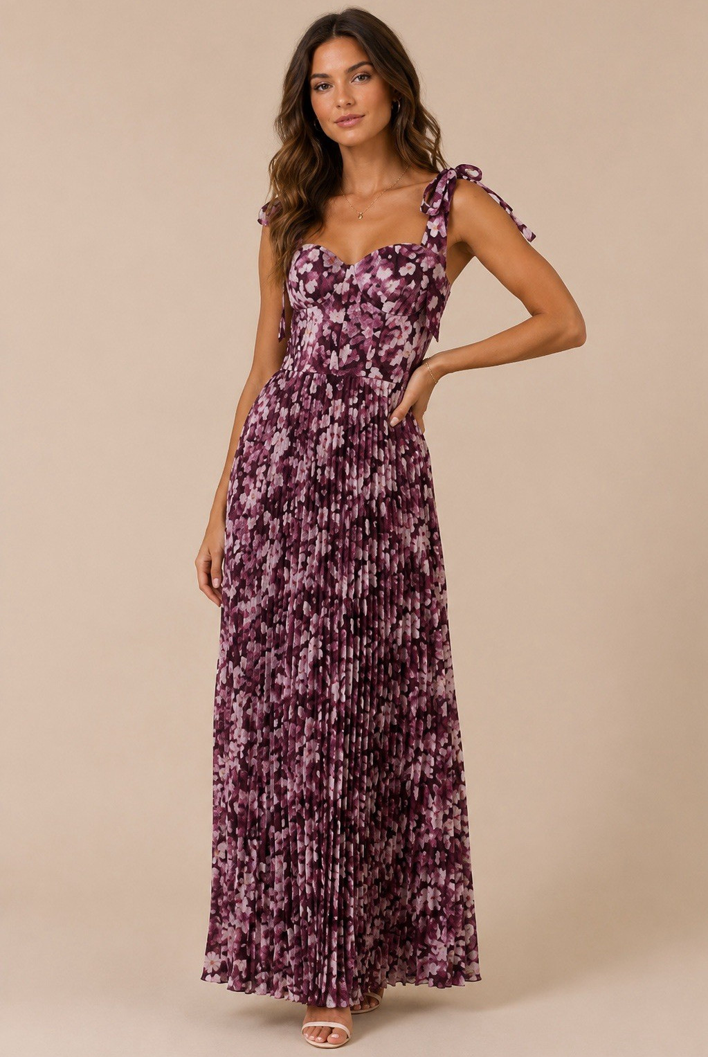 Purple Floral Pleated Maxi Dress S Sweetheart Neck Sleeveless Ruffle Lined