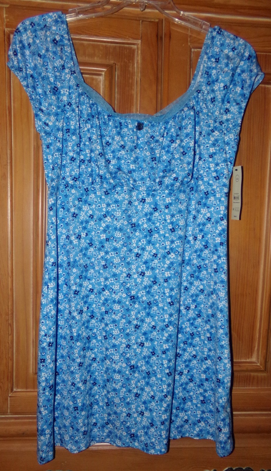 NWT NO BOUNDARIES WOMENS SIZE L 12-14 BLUE FLORAL PEASANT DRESS SHORT SLEEVES