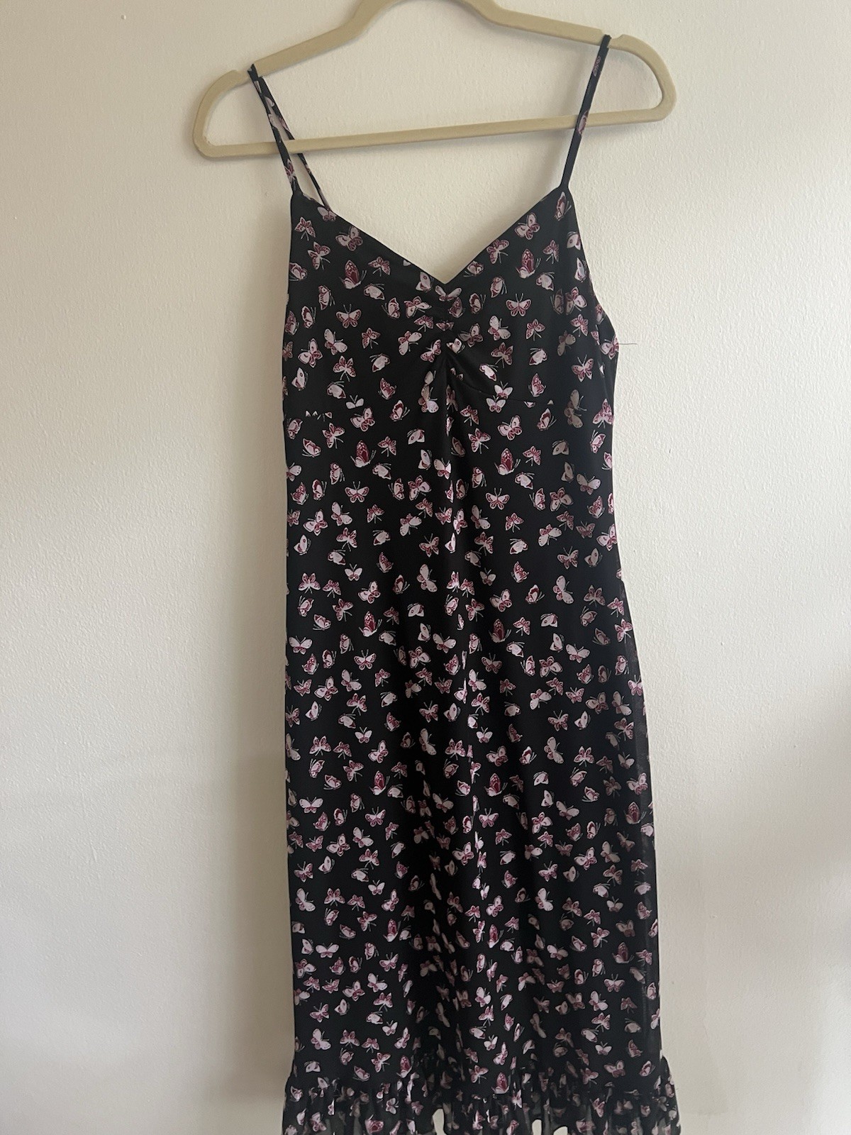 Ultra Flirt Butterfly Print Spaghetti Strap Dress Size M Y2K BOHO Ruffles Fairy