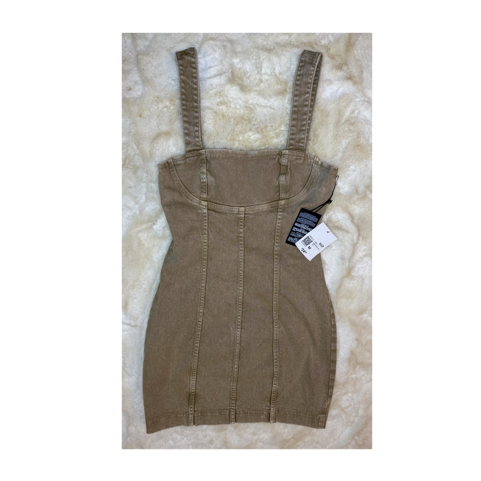 FOREVER 21 Tan Denim Overall Dress Size M Sleeveless Straps Buckle Zipper Cotton