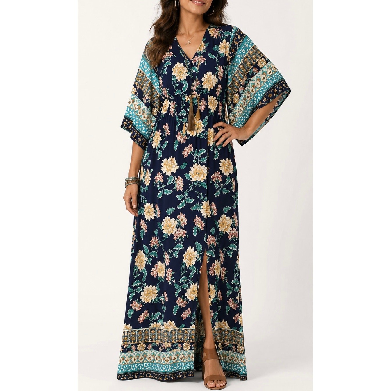 Chico’s Floral Imperial Border Print Maxi Dress Kimono Sleeve Boho Resort 2.5 L