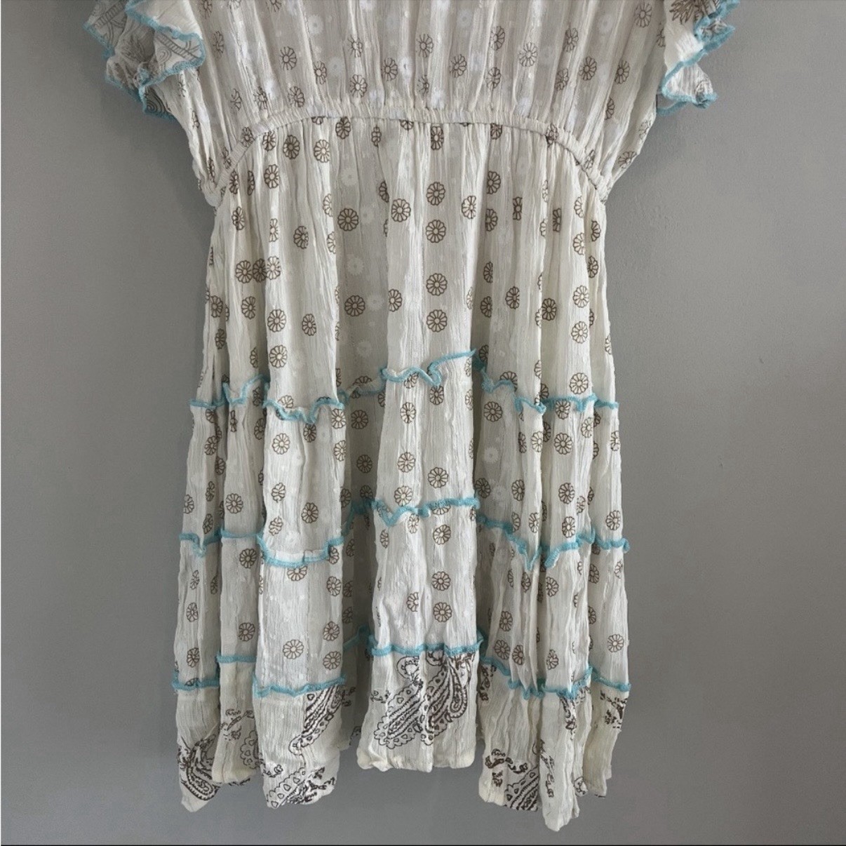 Siya Women’s OS Cream Embroidered Sequin Mini Boho Peasant Dress Festival NWT