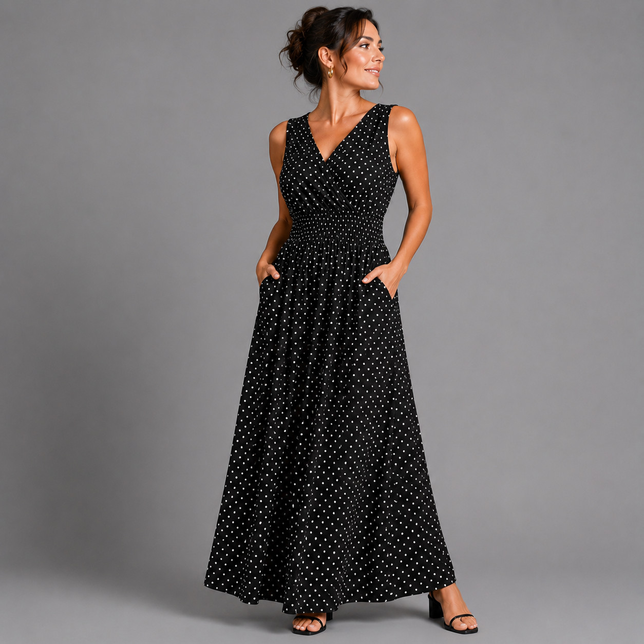 ROCKTHOSECURVES WOMENS Black White Polka Dot Sleeveless V Neck maxi Dress with s