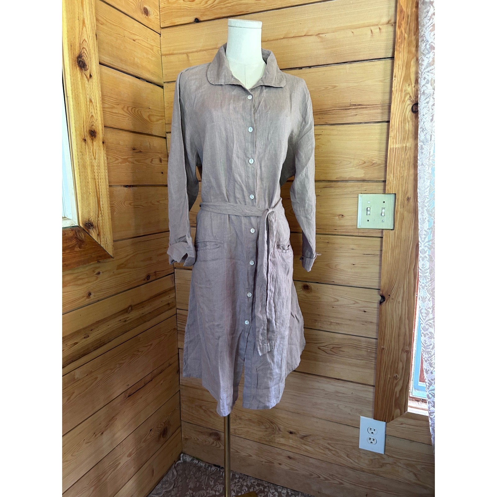 Linen Shirt Dress Womens Large Mauve Taupe Belted Midi Pocket FABULOUS!