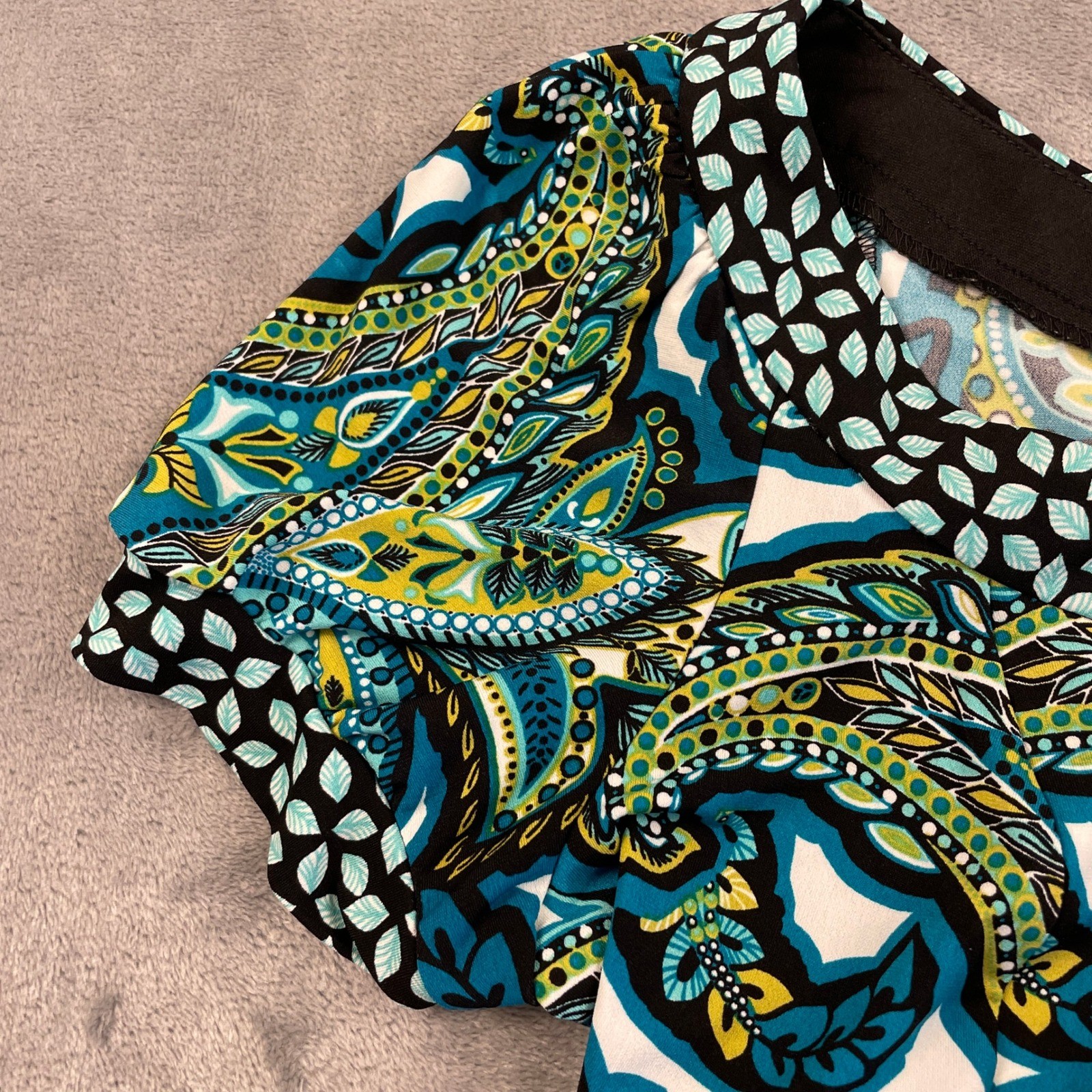 London Style Collection Blue Green Paisley Empire Waist Puff Sleeve Dress 14