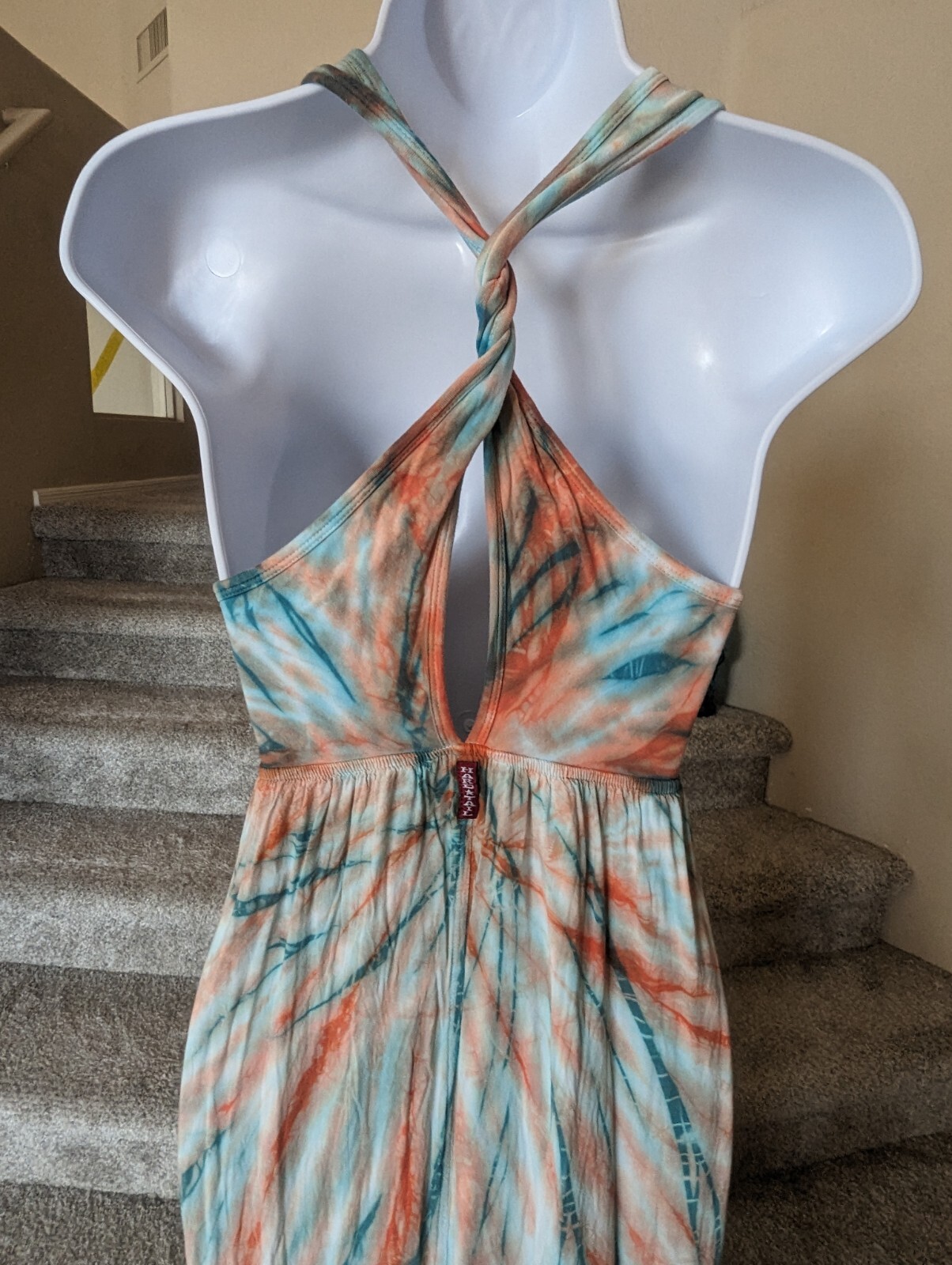 Hard Tail Twist Back Dress (S) Green Orange Tie Dye Maxi Cutout Breezy Flowy