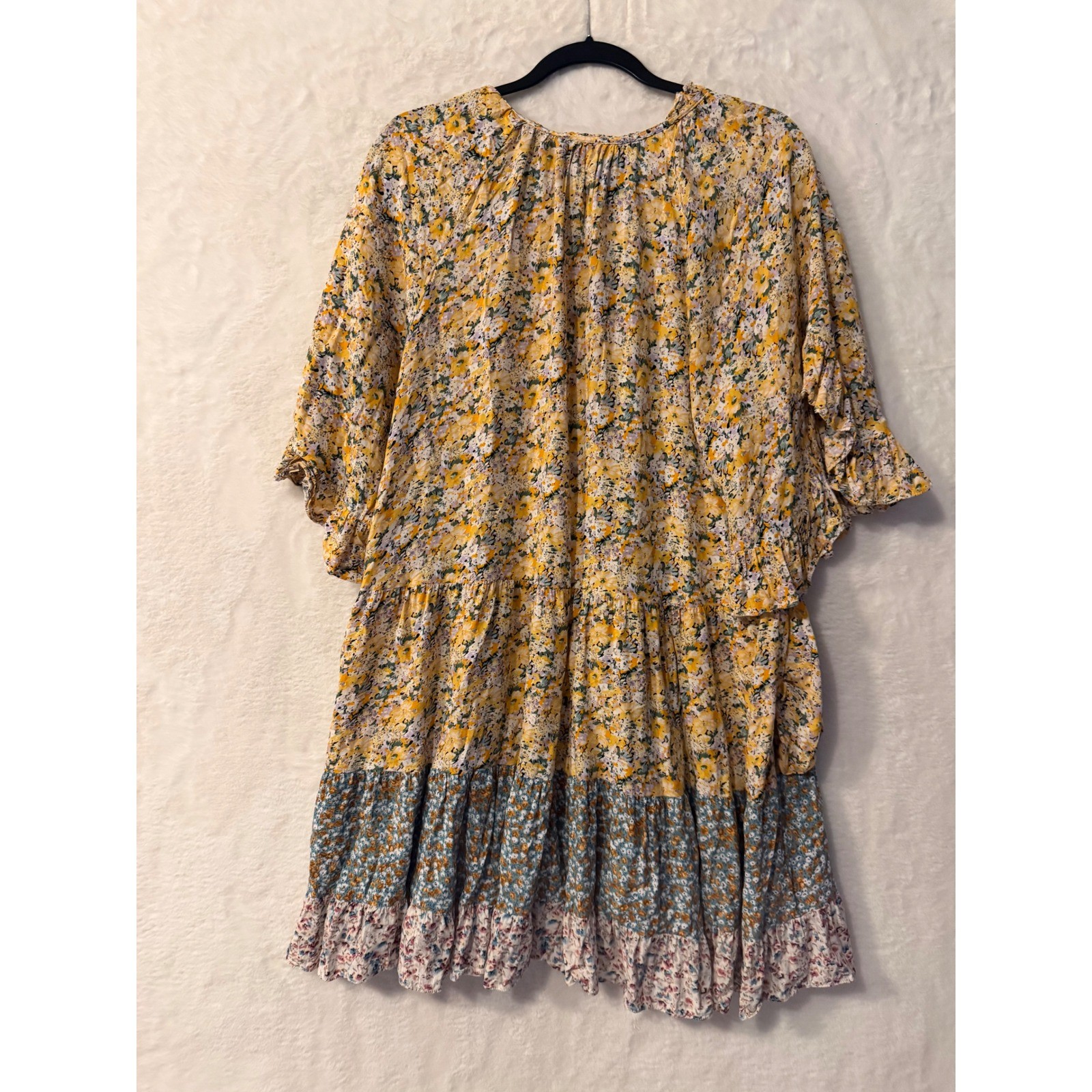 GIGIO USA Yellow Floral Tiered Boho Mini Dress Tassel Tie TC1910 Medium