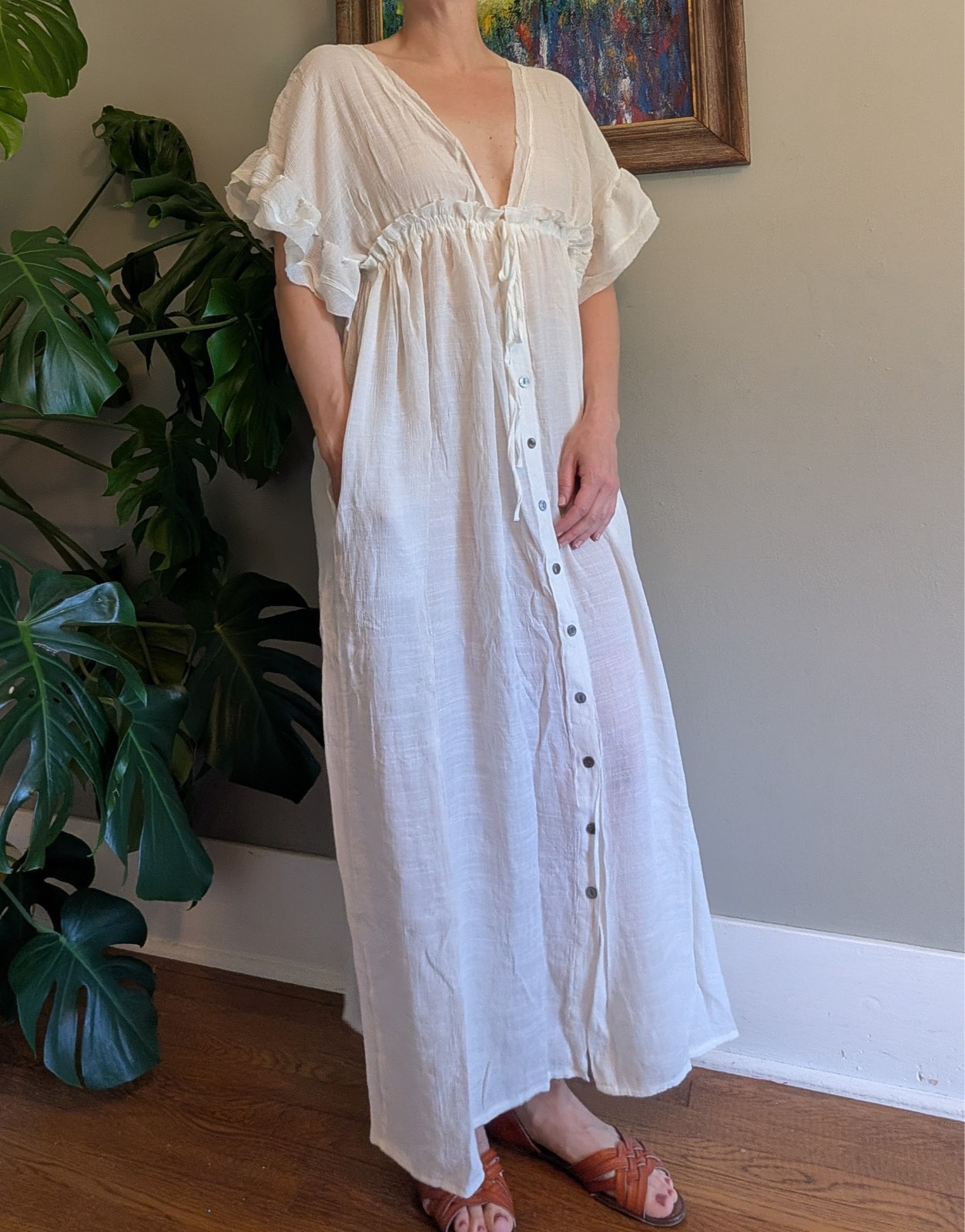 White Gauze Maxi Dress Cover Up Flowy Button Front Tie Back Boho Beach Feminine