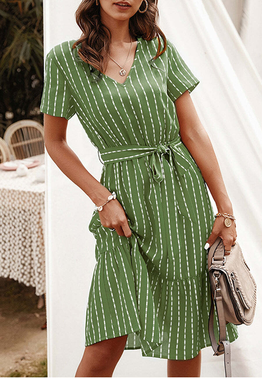 Vertical Striped Short Sleeve Ruffle Flowy Swing Dress With Belt