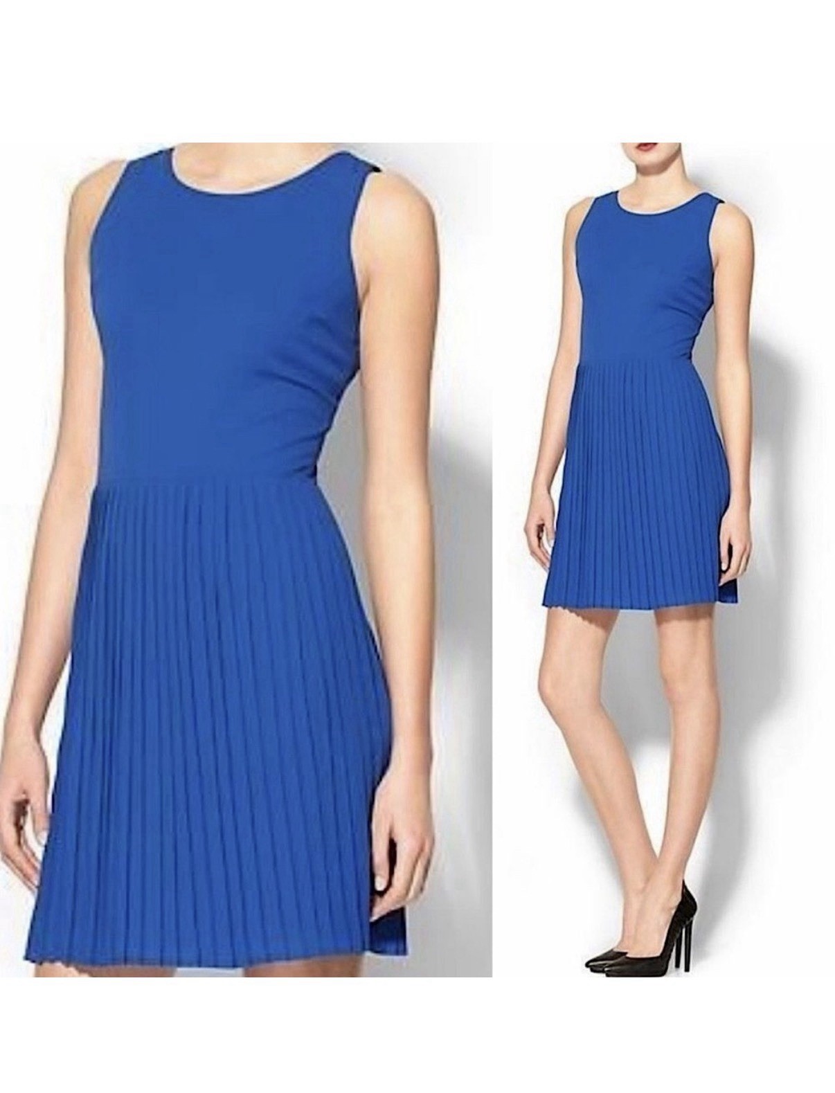 PIM + LARKIN Blue Pleated Sleeveless A-Line Dress Zip Crew Neck Size S