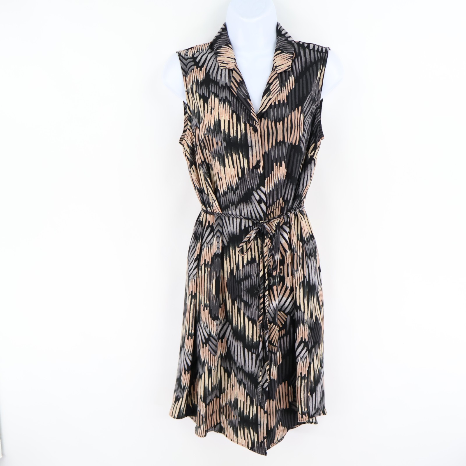 Apt. 9 Button Up Dress Womens Sz 8 Multicolor Geometric 100% Polyester Waist Tie
