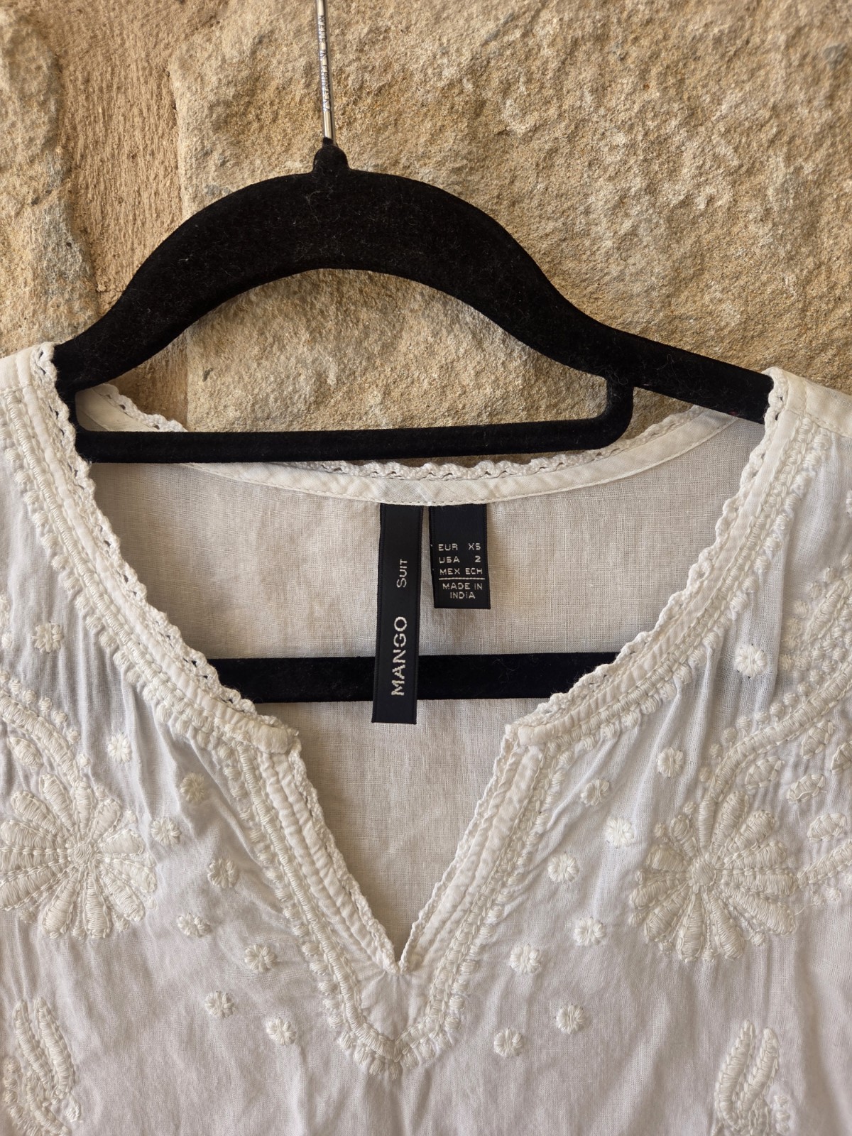 Mango White Cotton Embroidered V-Neck Tunic Dress