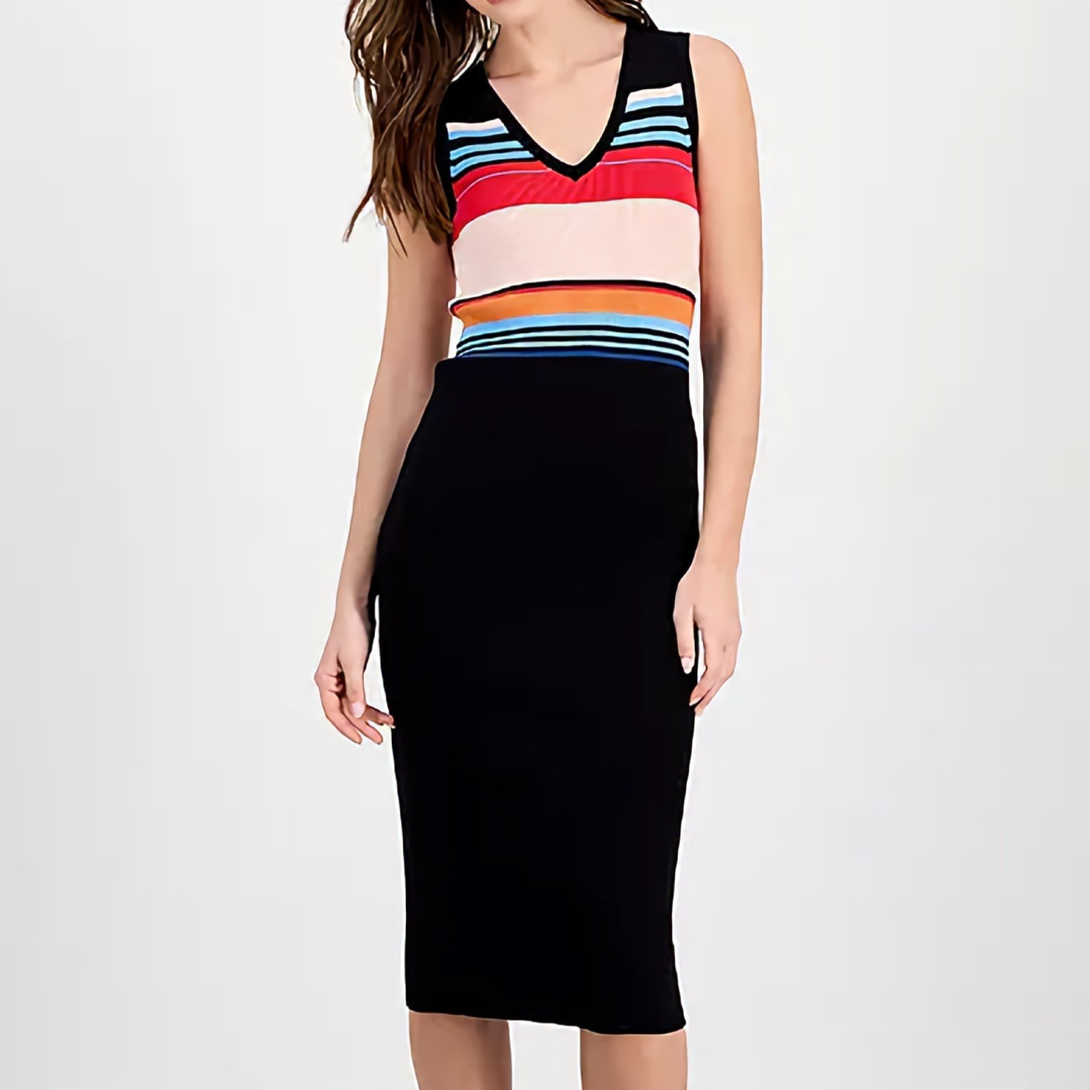 T Tahari Ribbed Knit Striped Bodycon Black Dress V Neck Sleeveless Womens NWT