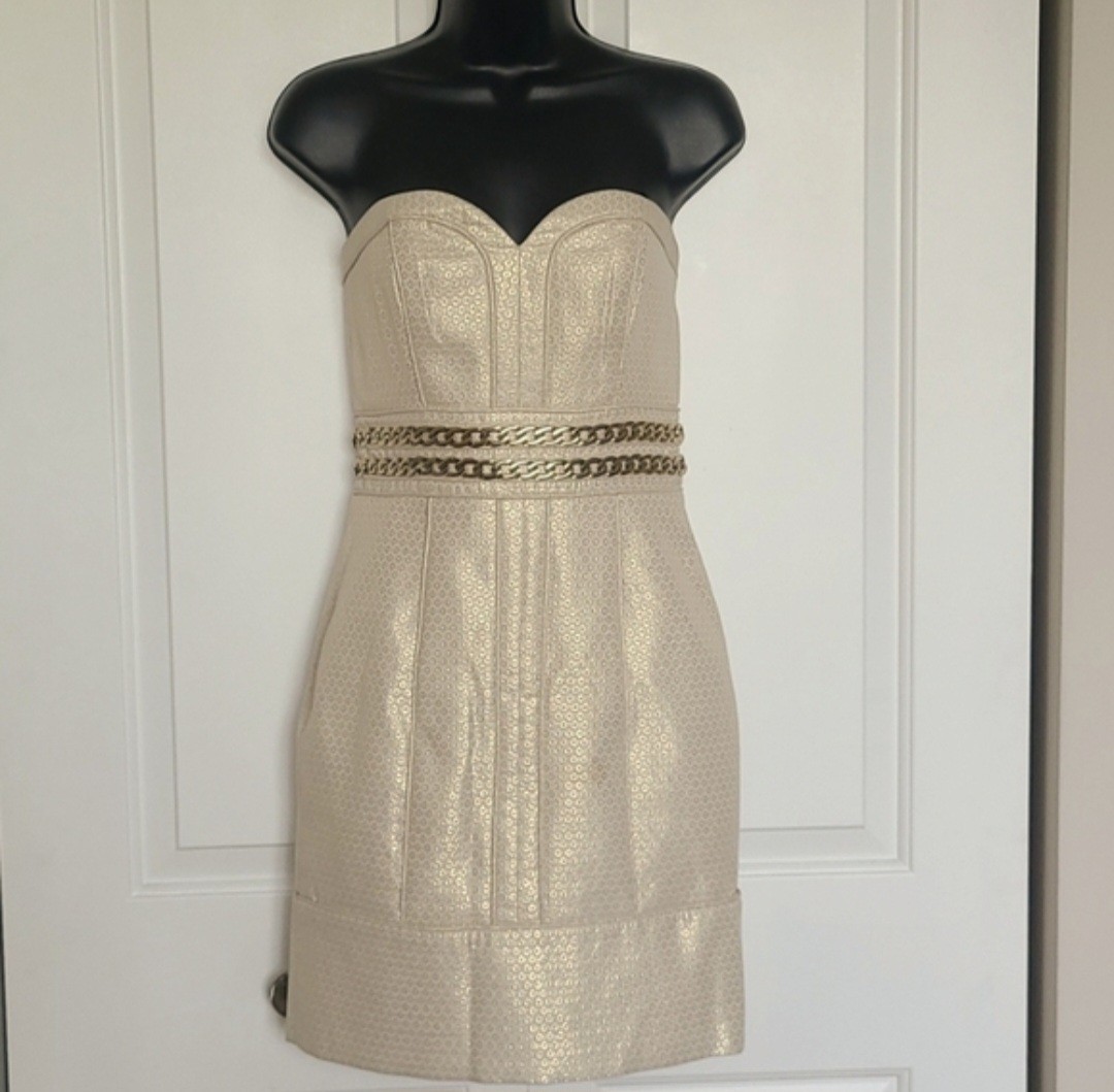 Laundry by Shelli Segal Gold Metallic Jacquard Chain Waist Mini Dress Strapless