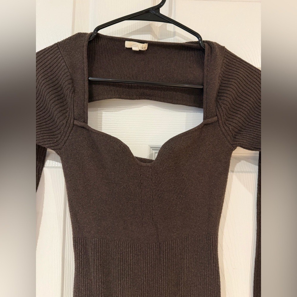 Open Back Low Back Ribbed Long Sleeve Sweater Maxi Dress Sz S Slit Cotton Blend