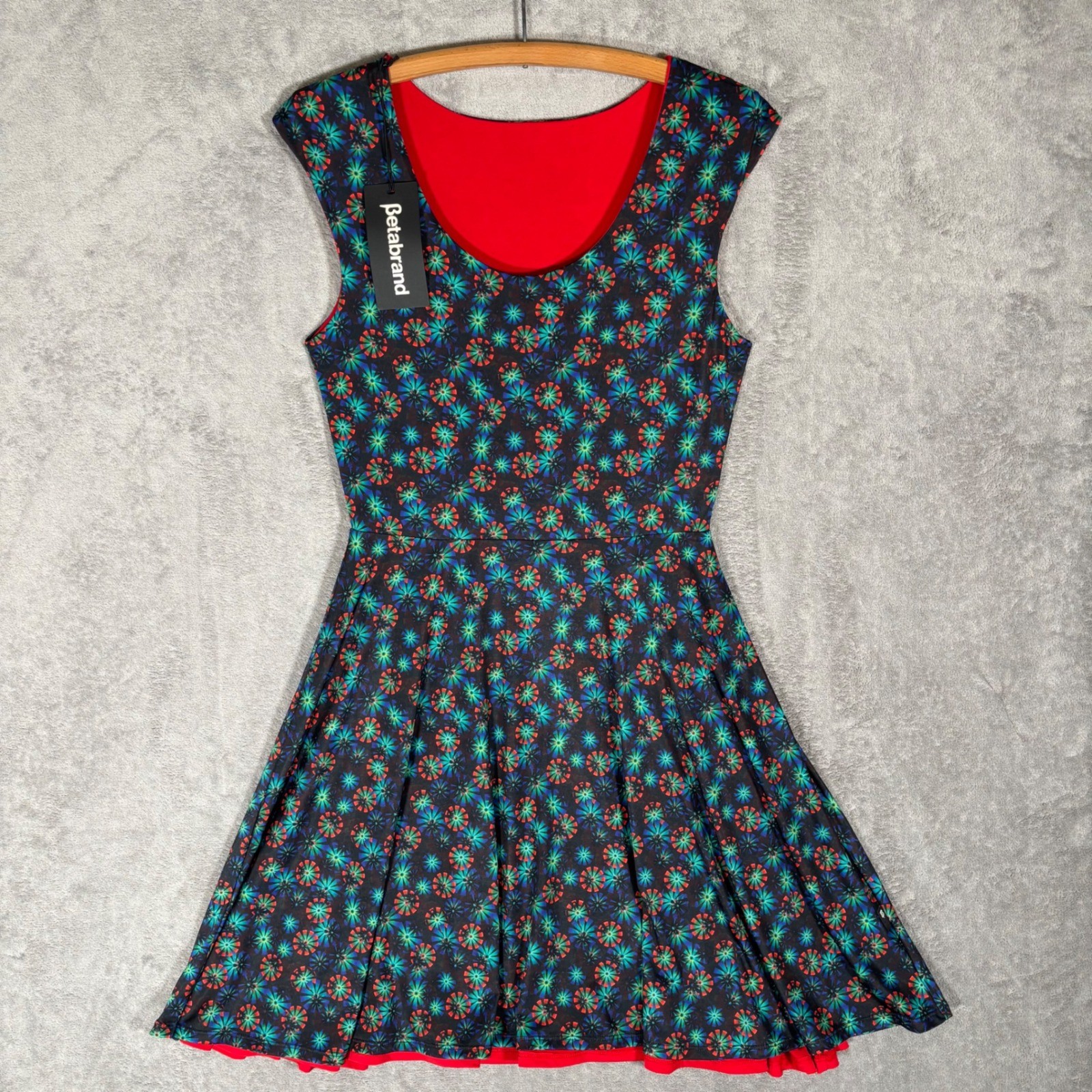 Betabrand Reversible Fit & Flare Dress Red Black Geometric Starburst Small NEW