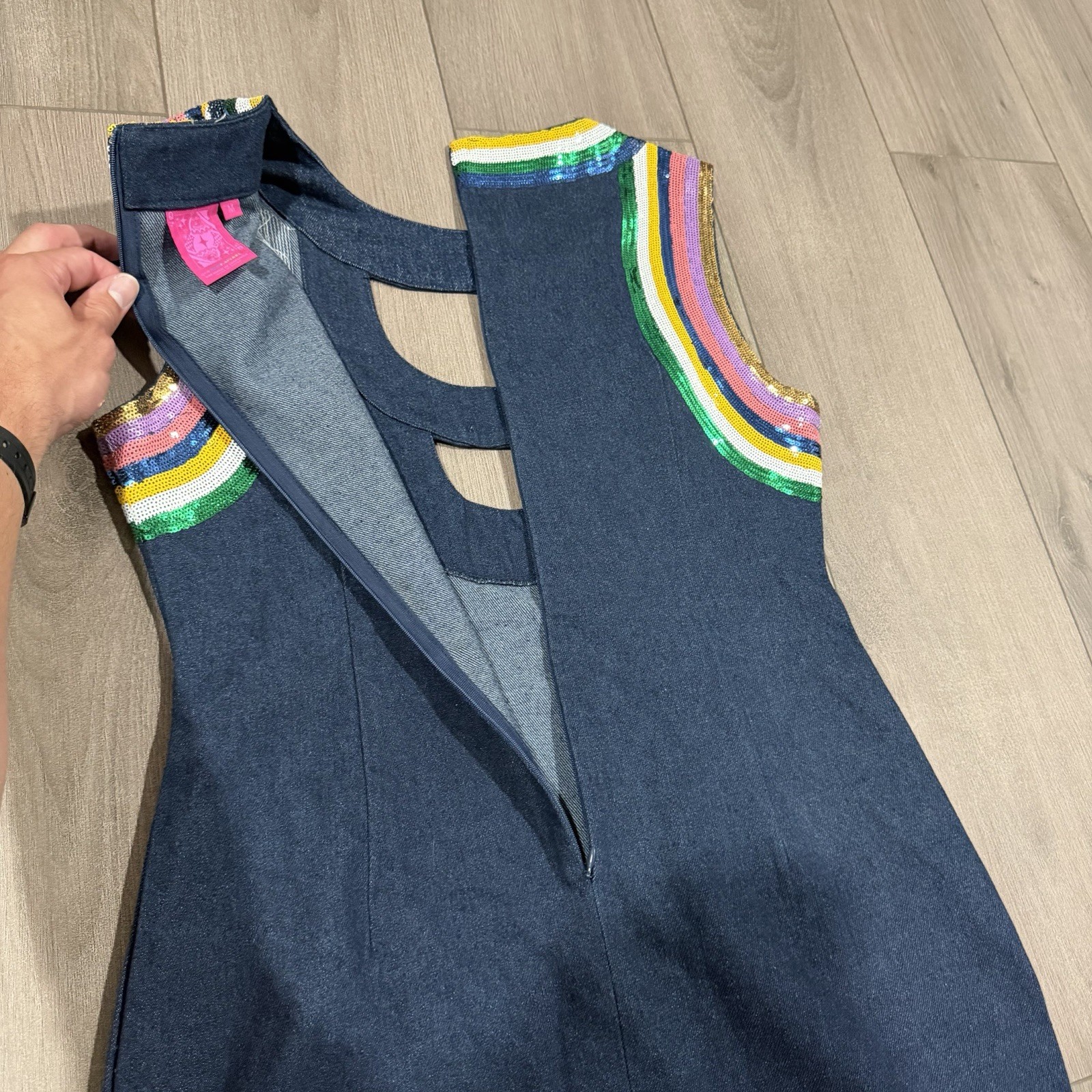 Queen Of Sparkles Rainbow Sequin Trim Denim Cut Out Dress Med Retro Skating