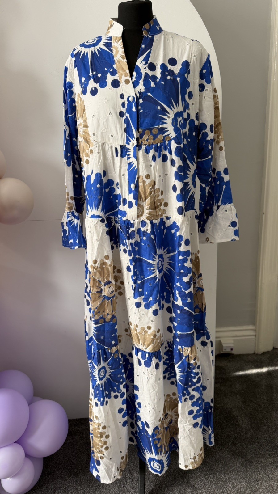 White Blue Floral Embroidered Tiered maxi Dress BNWT