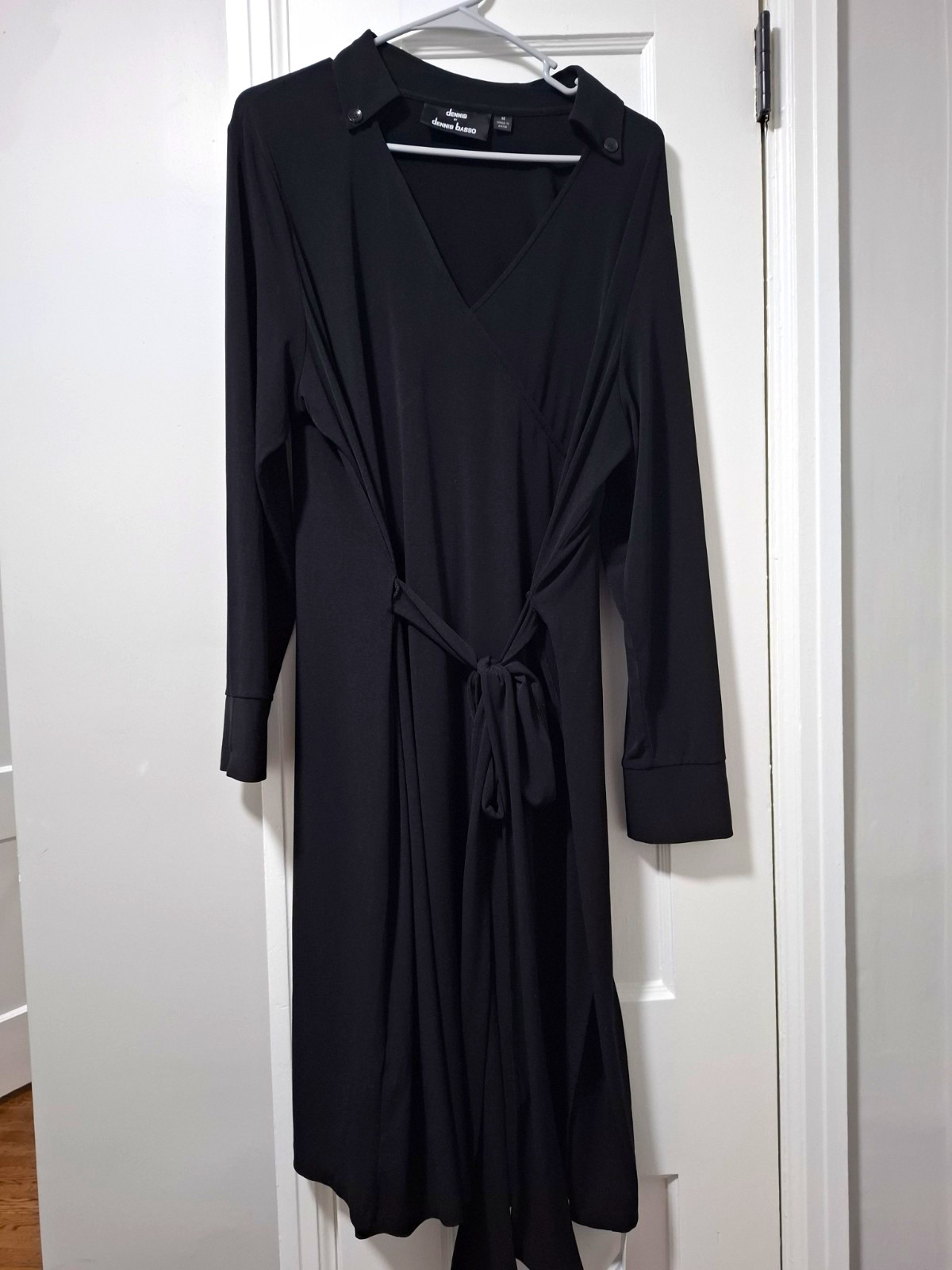 DENNIS by dennis basso Black Solid Long Sleeve V-Neck Wrap Belted Dress 1X