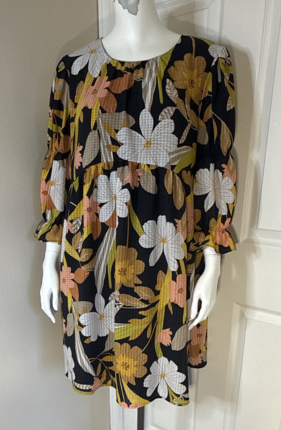 Who What Wear Shift Dress Women’s L Black Floral 3/4 Sleeve Pockets Lined