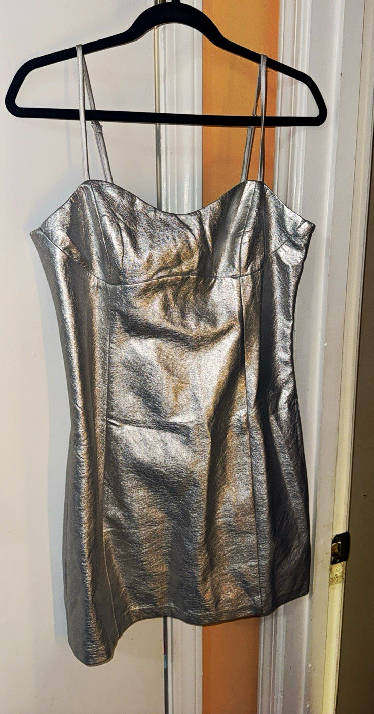 Endless Rose Silver Faux Leather Mini Dress M Sweetheart Spaghetti Strap Zip