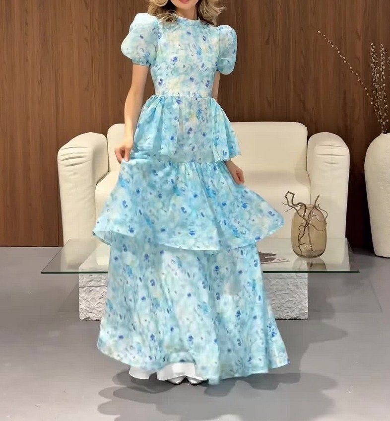 Summer New Retro Short-Sleeved Elegant Temperament Holiday Layered Dress Womens