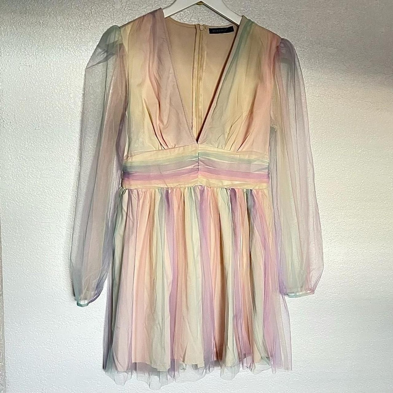 Fairycore Festival Y2K Womens Skater Mini Dress Pastel Sheer Puff Sleeve NWOT