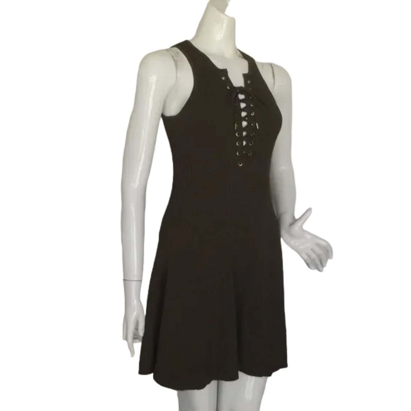 TORN BY RONNY KOBO Knit Dress, S, Olive Green, Ribbed/Textured, Lace-up neckline
